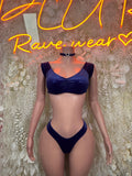 Dark navy two-piece dance outfit: crop bra top and high-cut bikini bottoms
