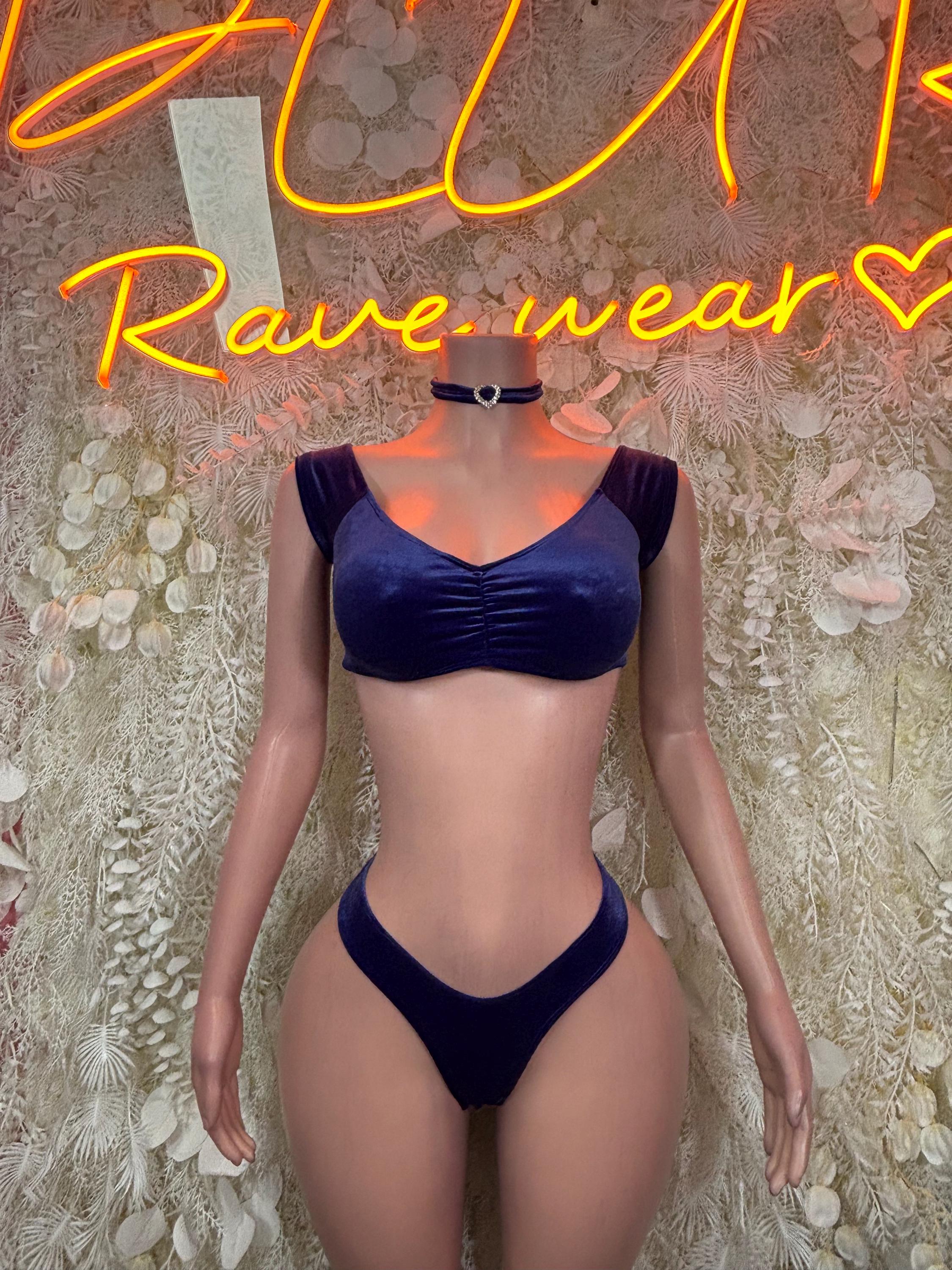 Dark navy two-piece dance outfit: crop bra top and high-cut bikini bottoms
