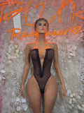 Black fishnet bodysuit with deep V front and scalloped bust trim