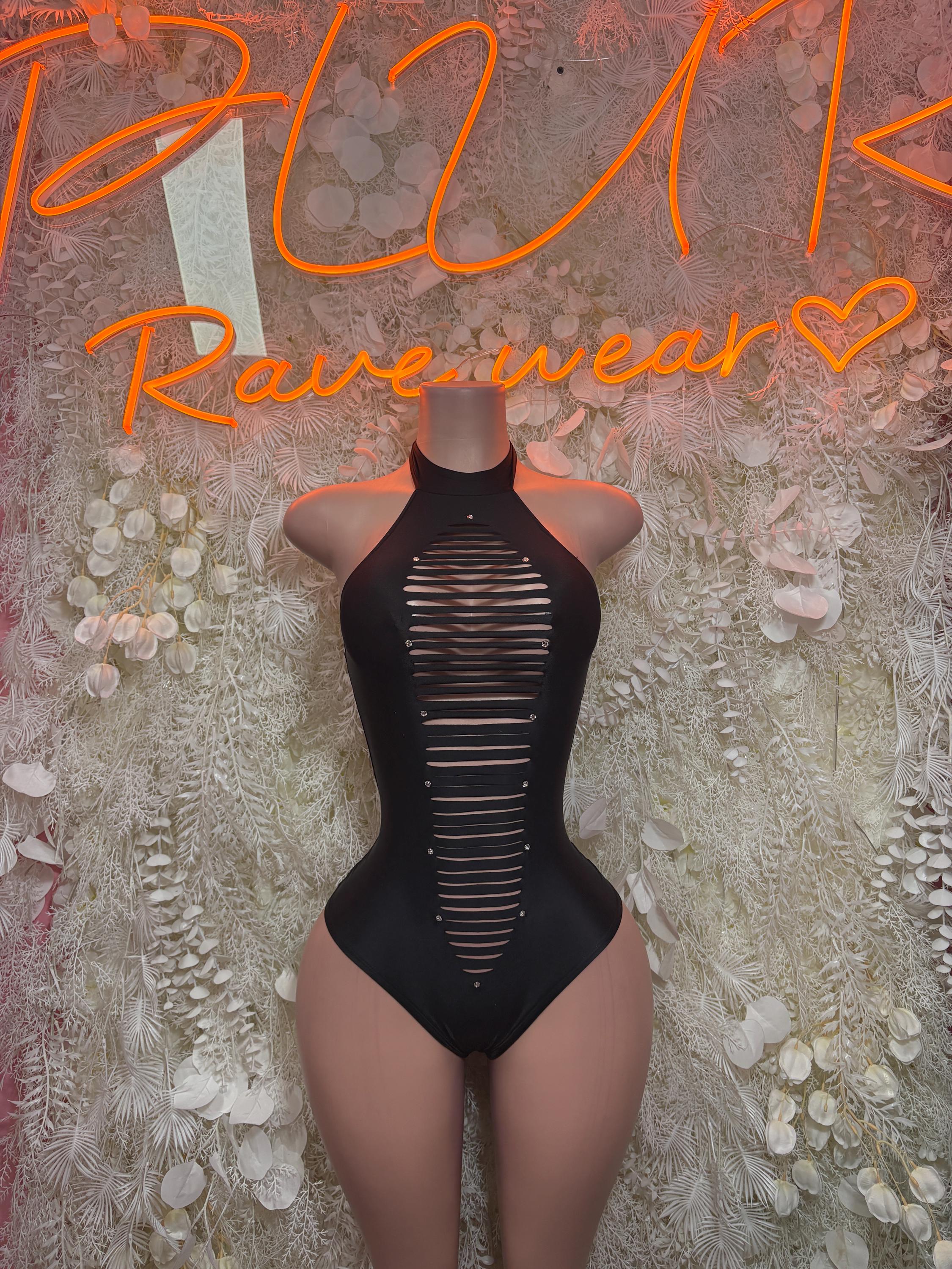 Black halter cutout bodysuit with vertical striped mesh panels