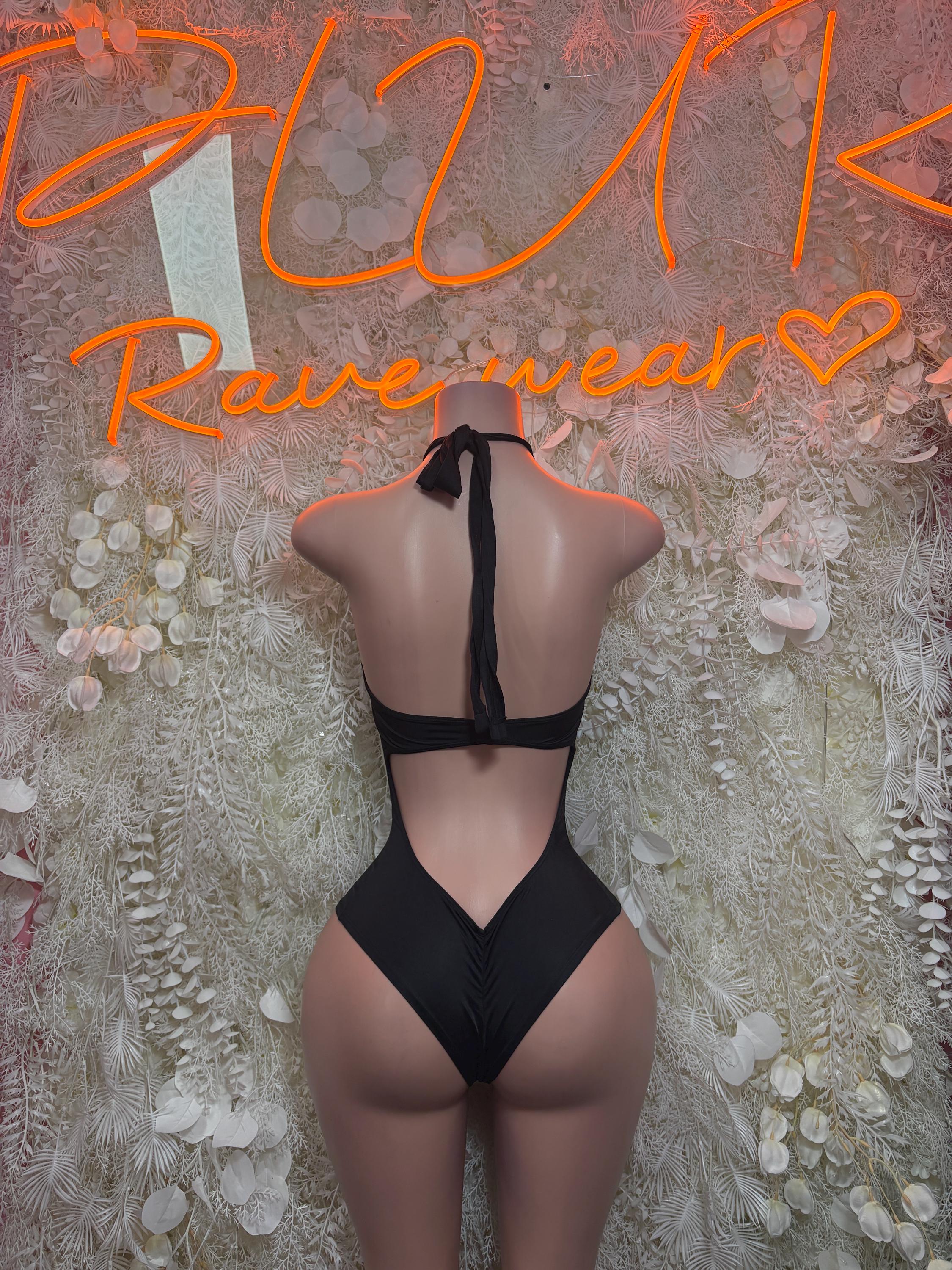 Black halter bodysuit with open back and V-shaped cut