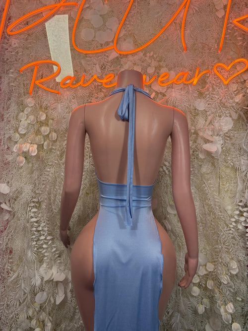 Blue satin halter gown with open back and long tie strap