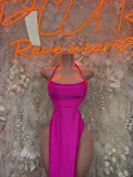 Rhinestone halter gown in magenta, sleeveless with fitted bodice and hip slit