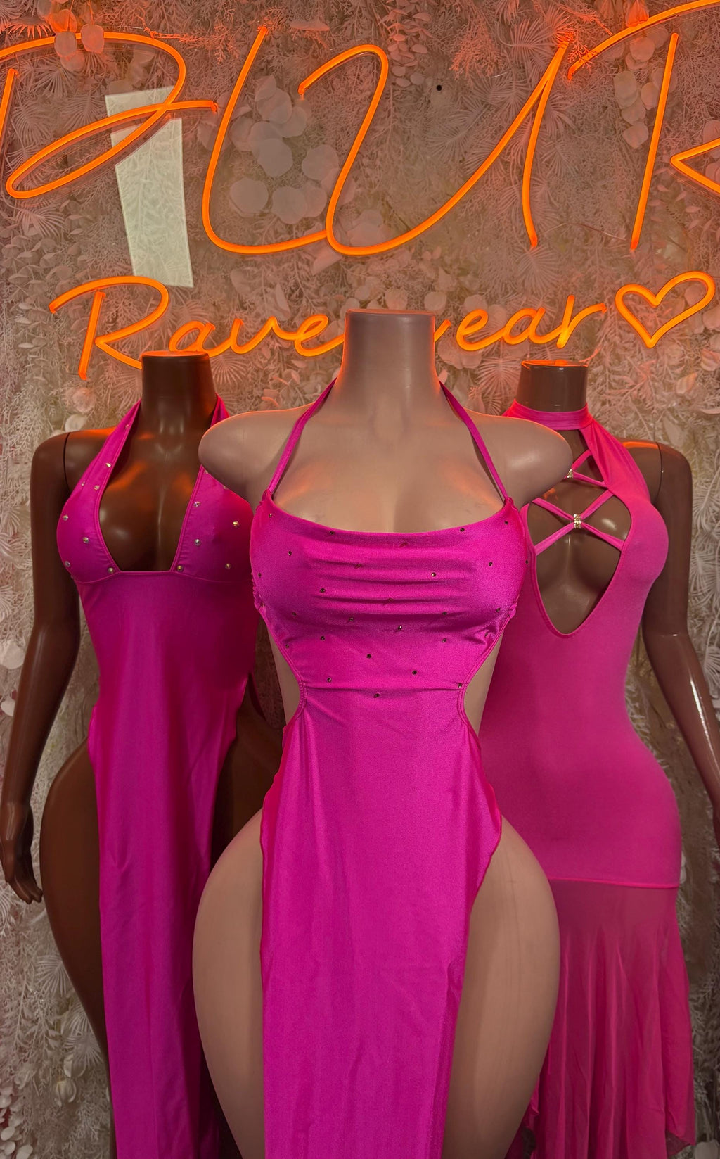 Pink halter club dress with side cutouts and gathered front