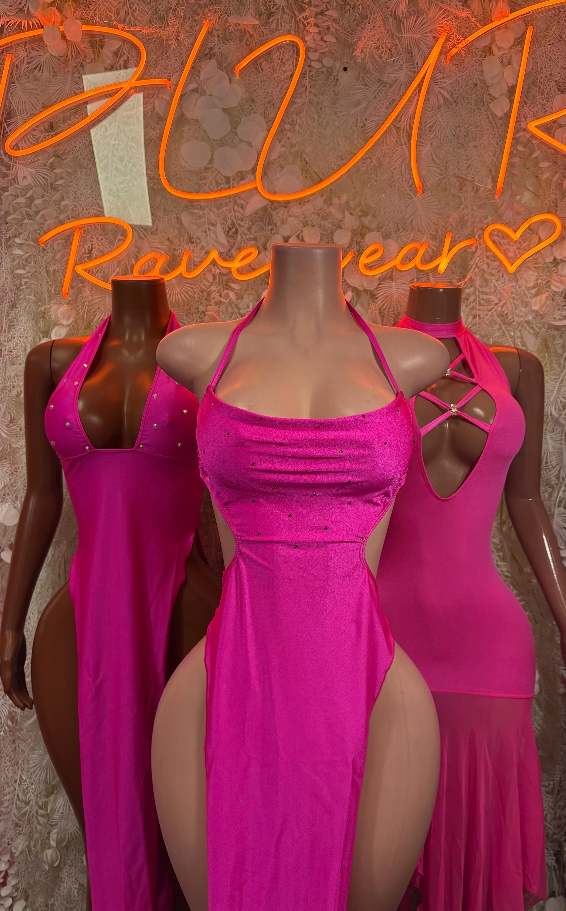 Pink halter club dress with side cutouts and gathered front