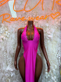 Pink halter gown with deep V neckline and studded straps
