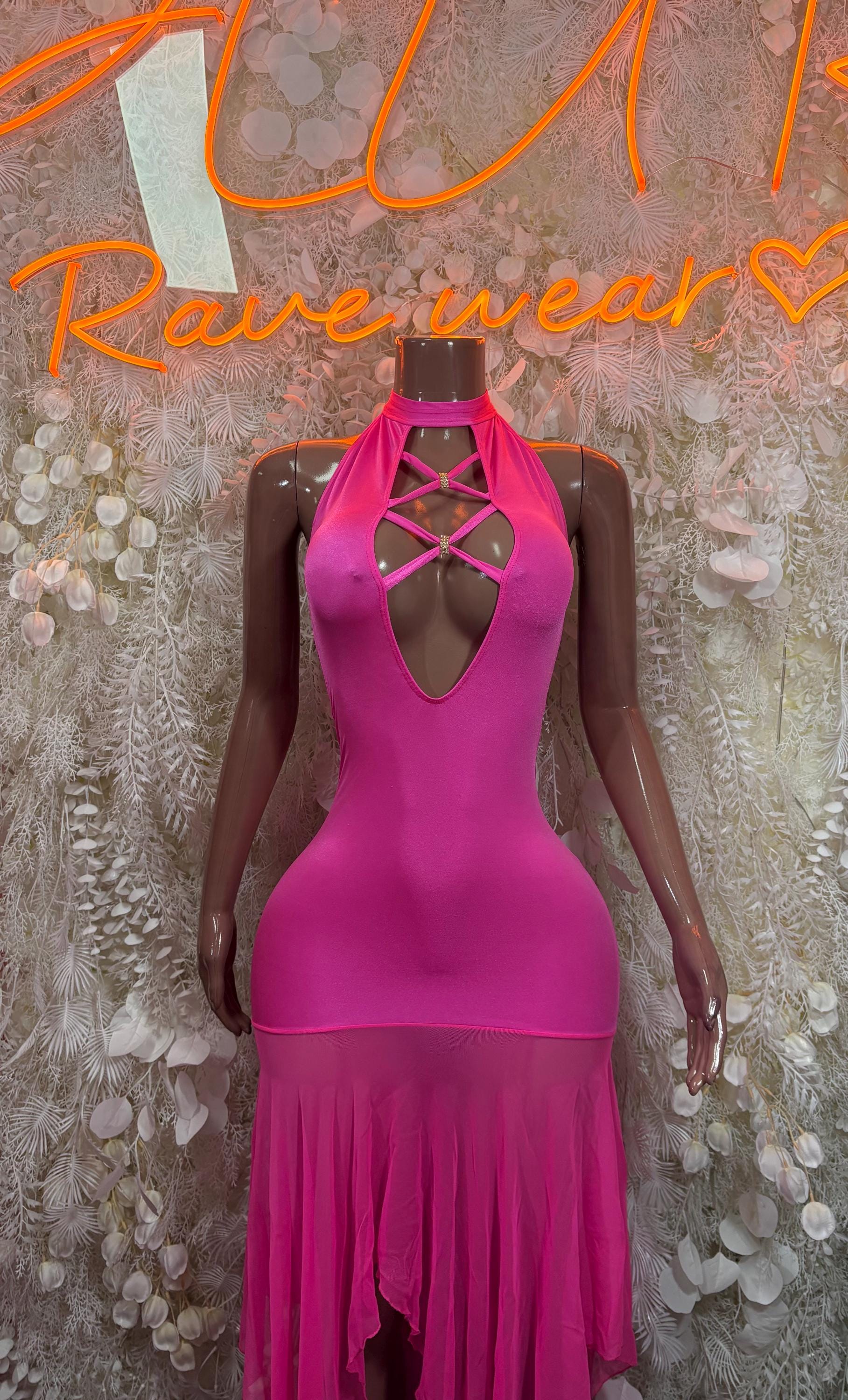 Pink halterneck cutout club dress with crisscross neckline and tiered ruffle hem