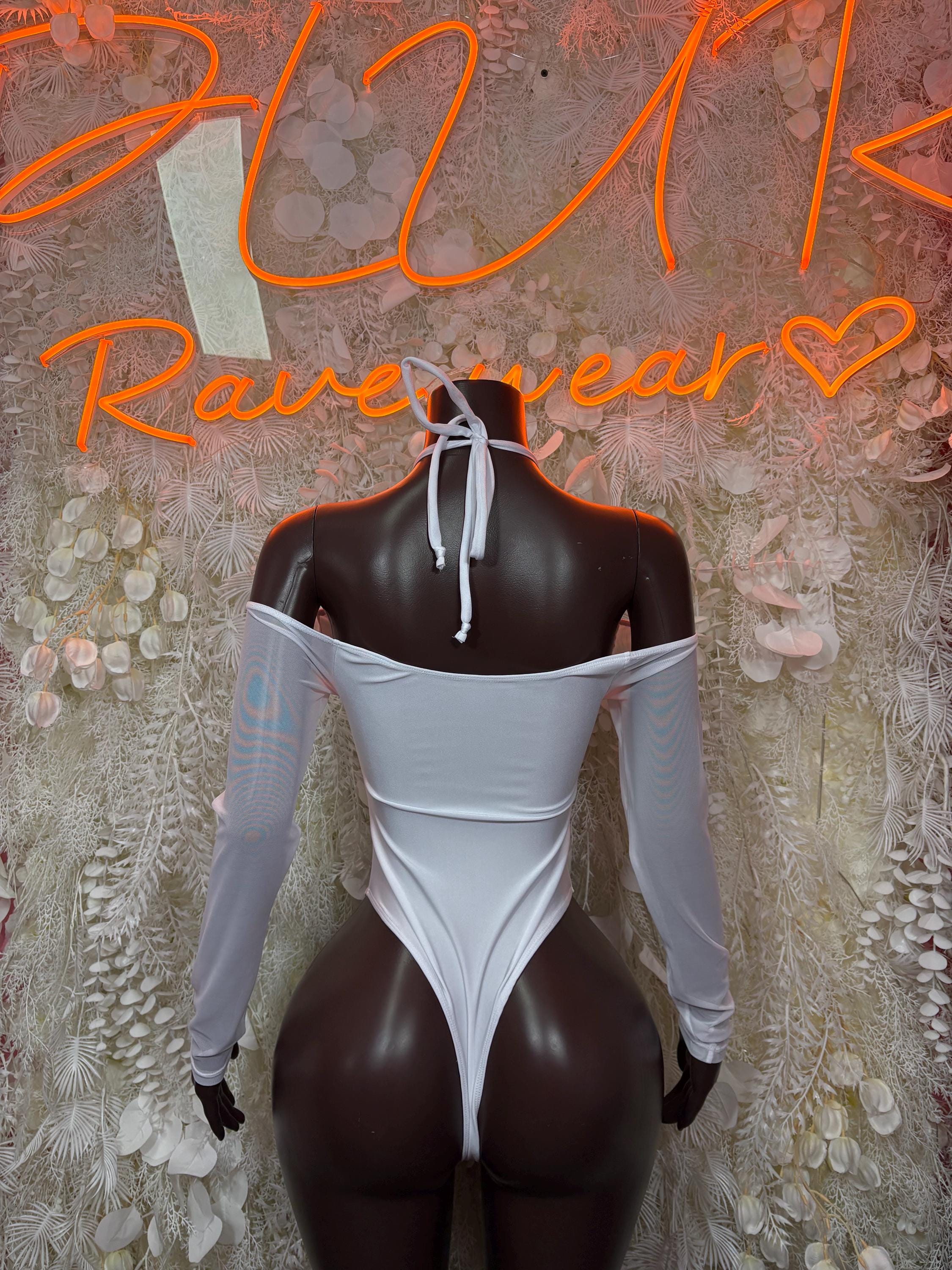White lace-up bodysuit with off-shoulder long sleeves and neck tie, mannequin back