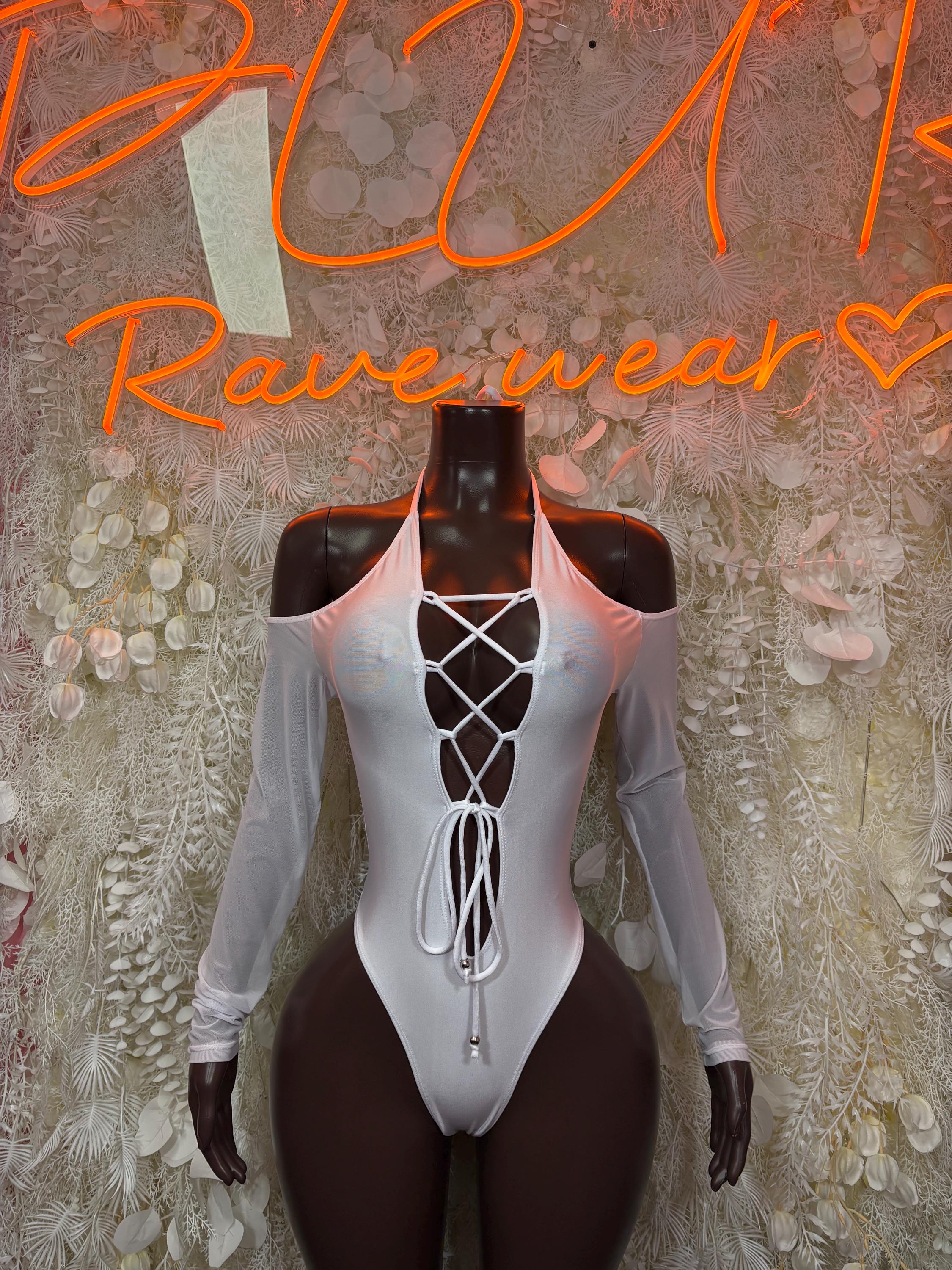 White lace-up bodysuit with long sleeves and crisscross front tie, mannequin front