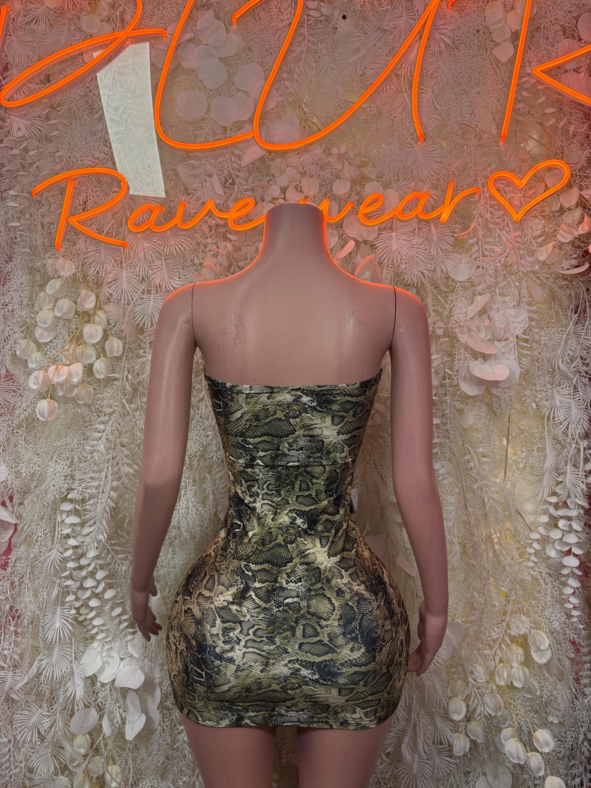 Snakeskin print mini dress, racerback, fitted short length