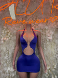 Purple halter cutout mini dress with side-bust cutouts and fitted bodycon silhouette