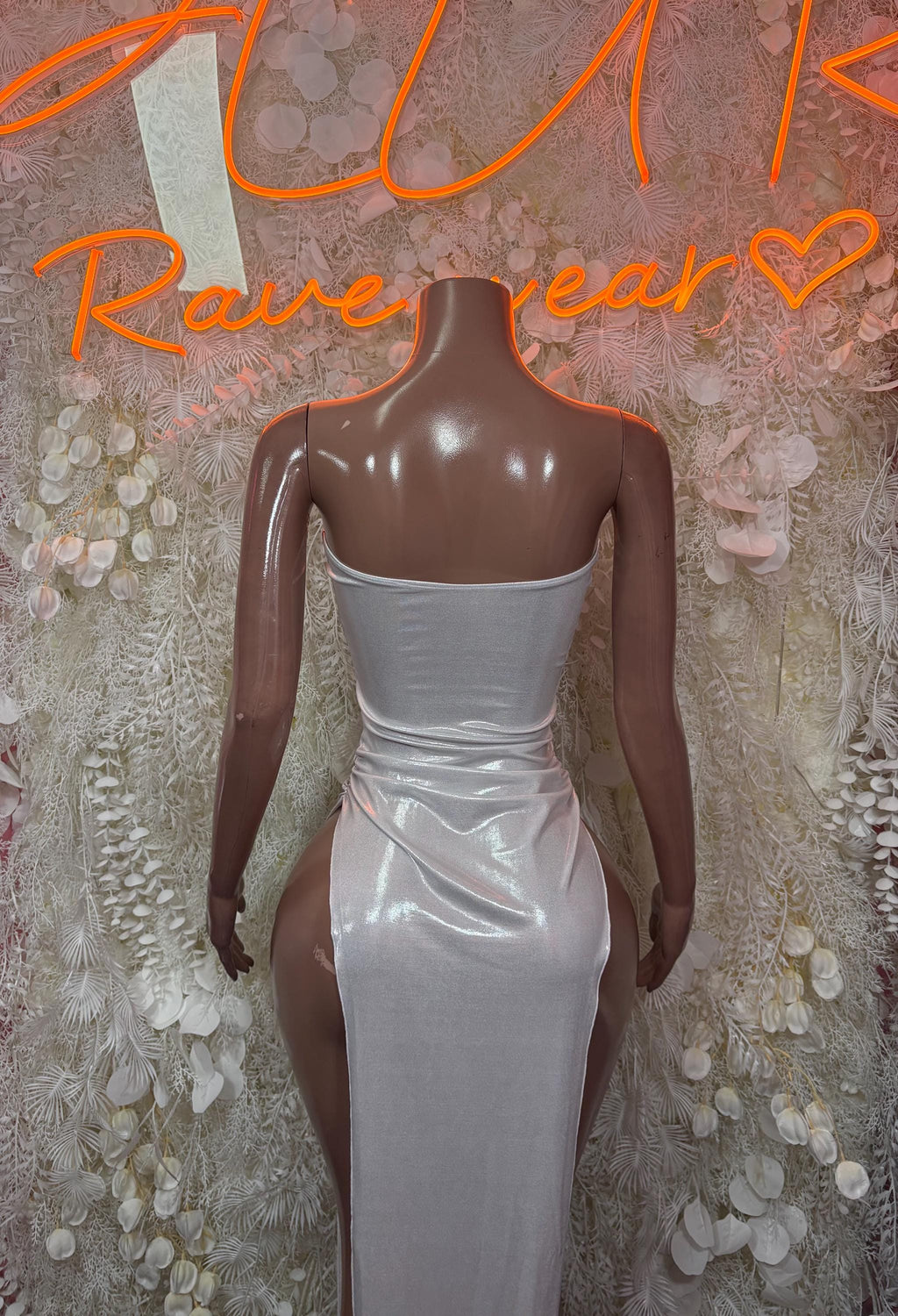 White metallic fitted gown, sleeveless with scooped back and ruched waist