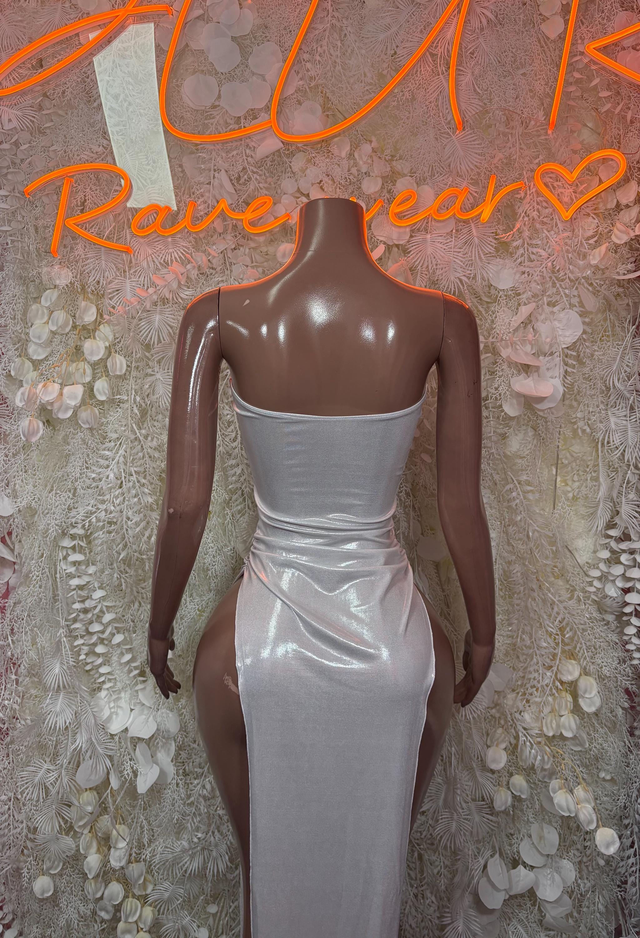 White metallic fitted gown, sleeveless with scooped back and ruched waist