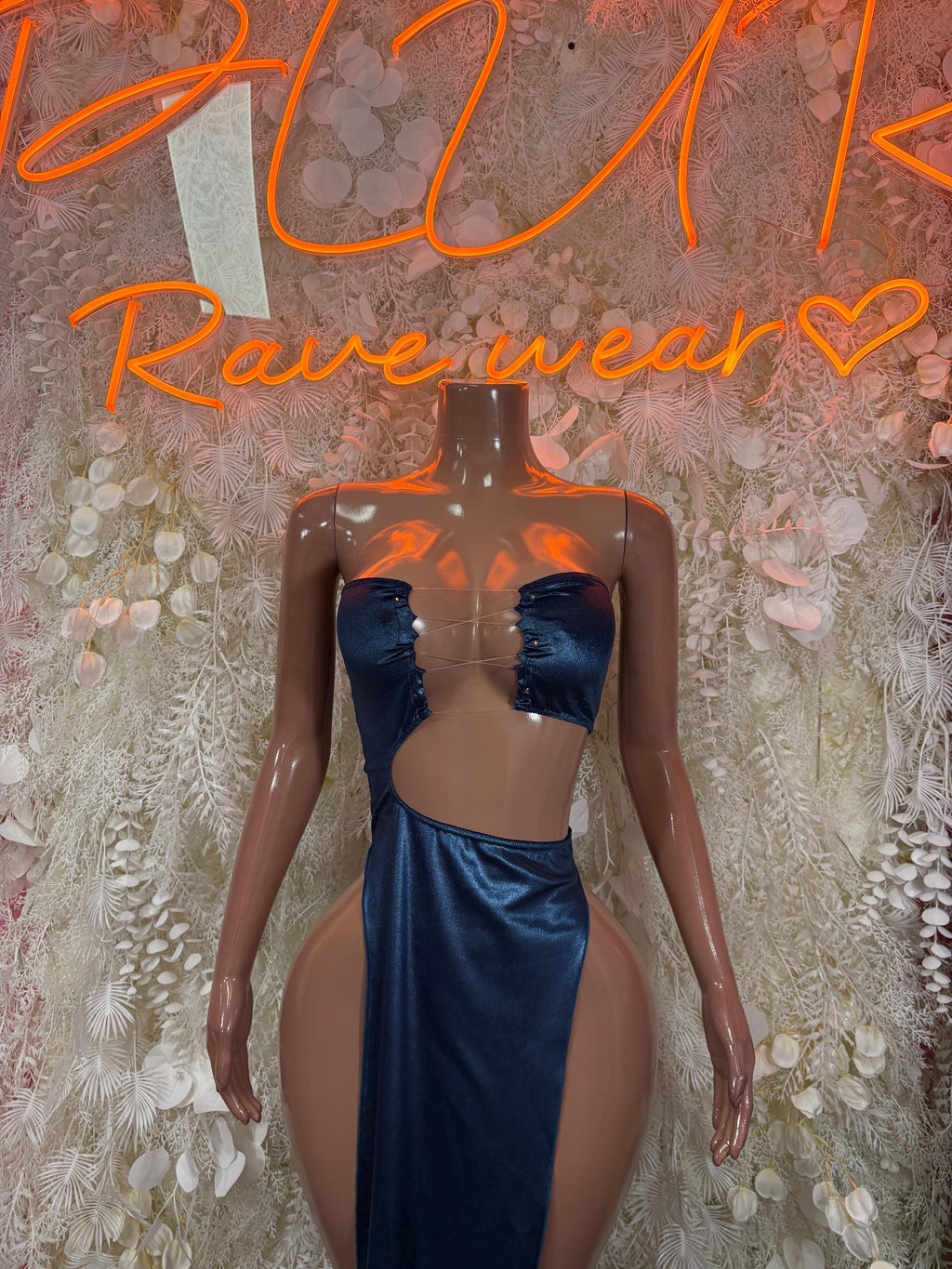 Blue satin dancewear gown, halter neckline, open back, two-piece look