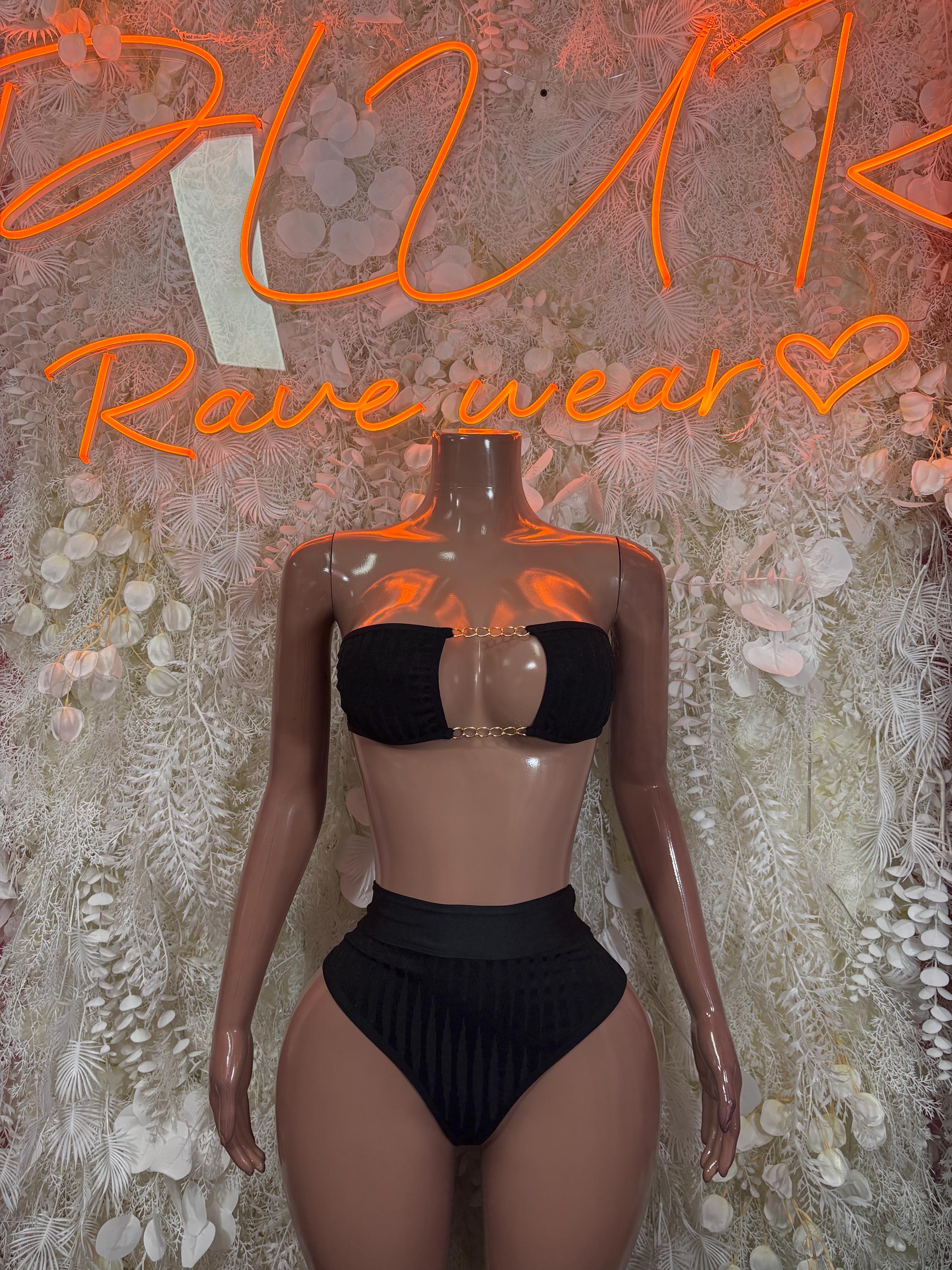 Black rave two-piece: black bandeau bra and high-cut bottoms, front view.