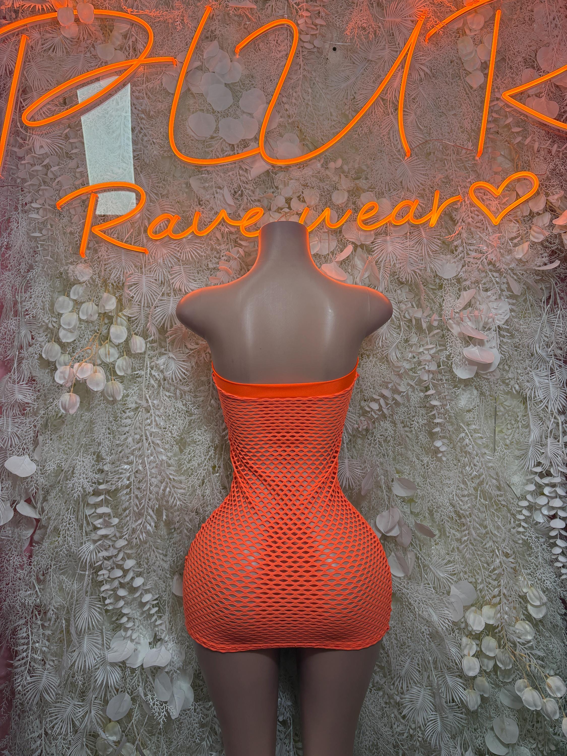 Orange fishnet one-piece dress with open back and short fitted hem