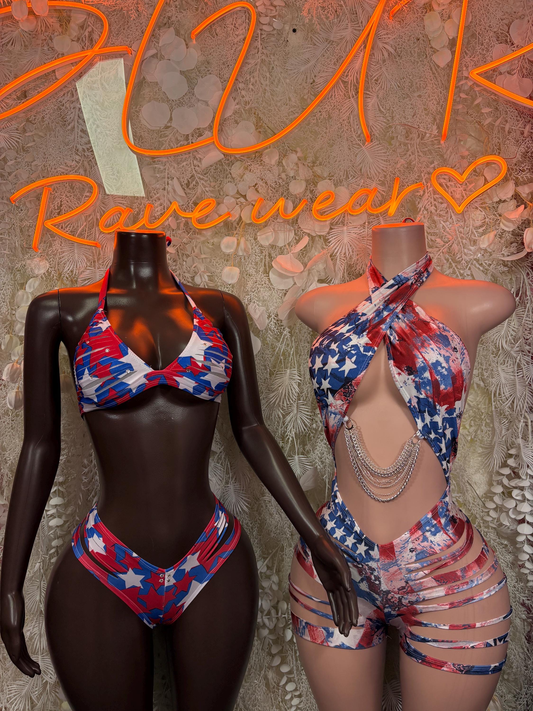 Red, white, and blue star-and-stripe one-piece with halter straps and tie back
