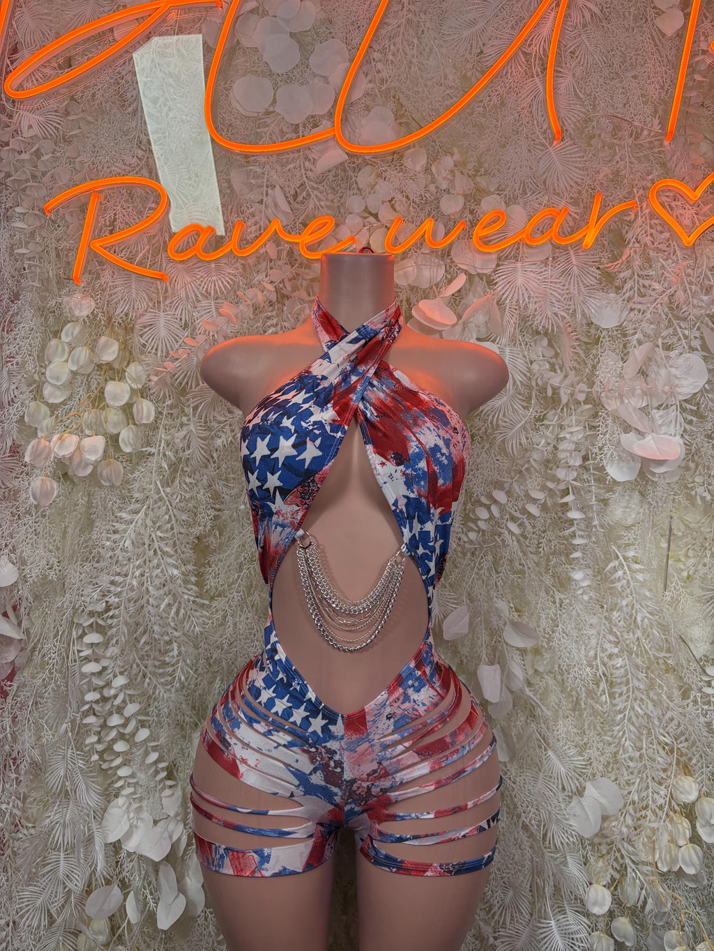 Red, white, and blue halter bodysuit with star print and back tie cutout