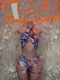 Red, white, and blue halter bodysuit with star print and back tie cutout