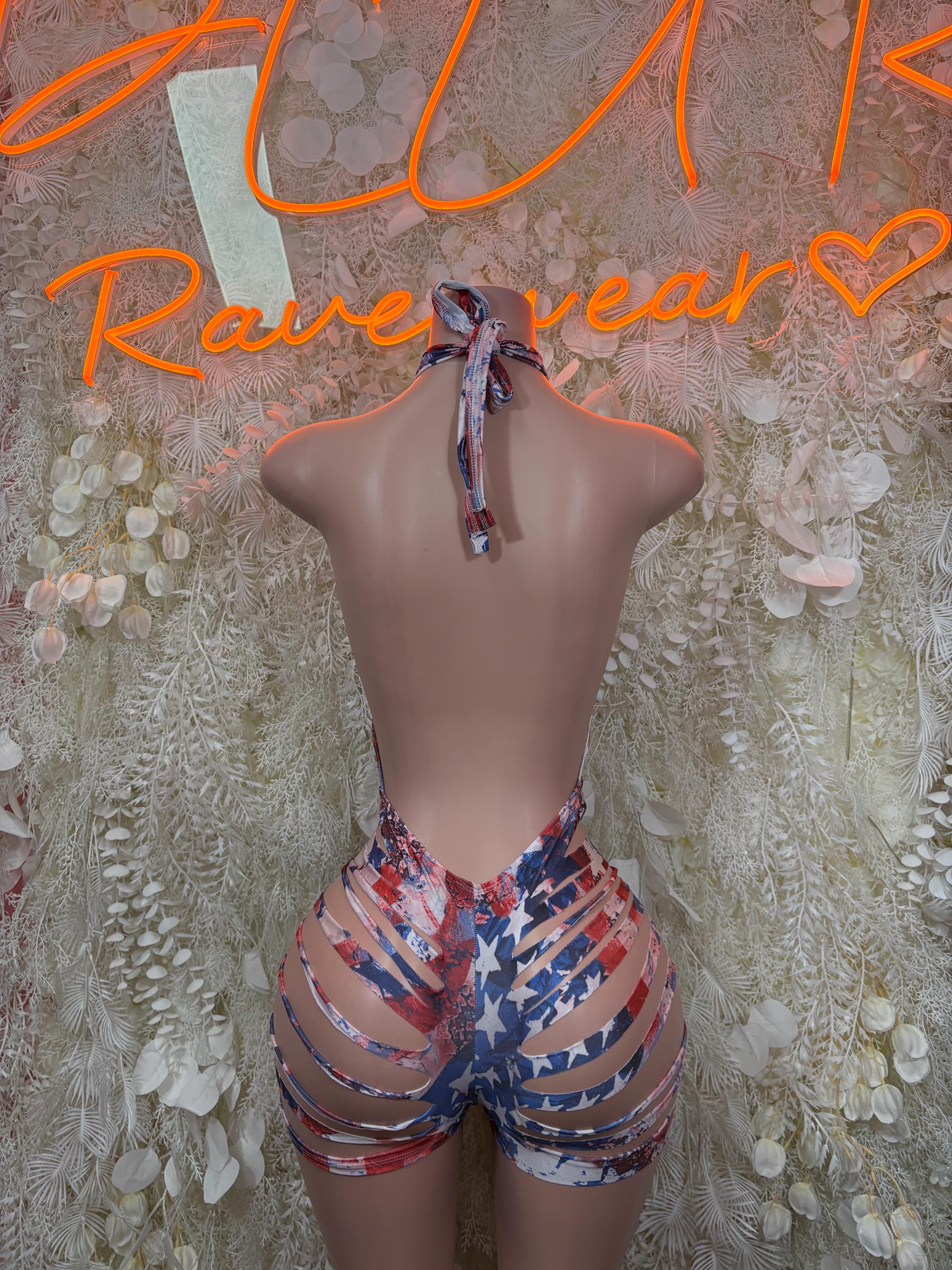 Red, white, and blue halter bodysuit with star print and low back cutout