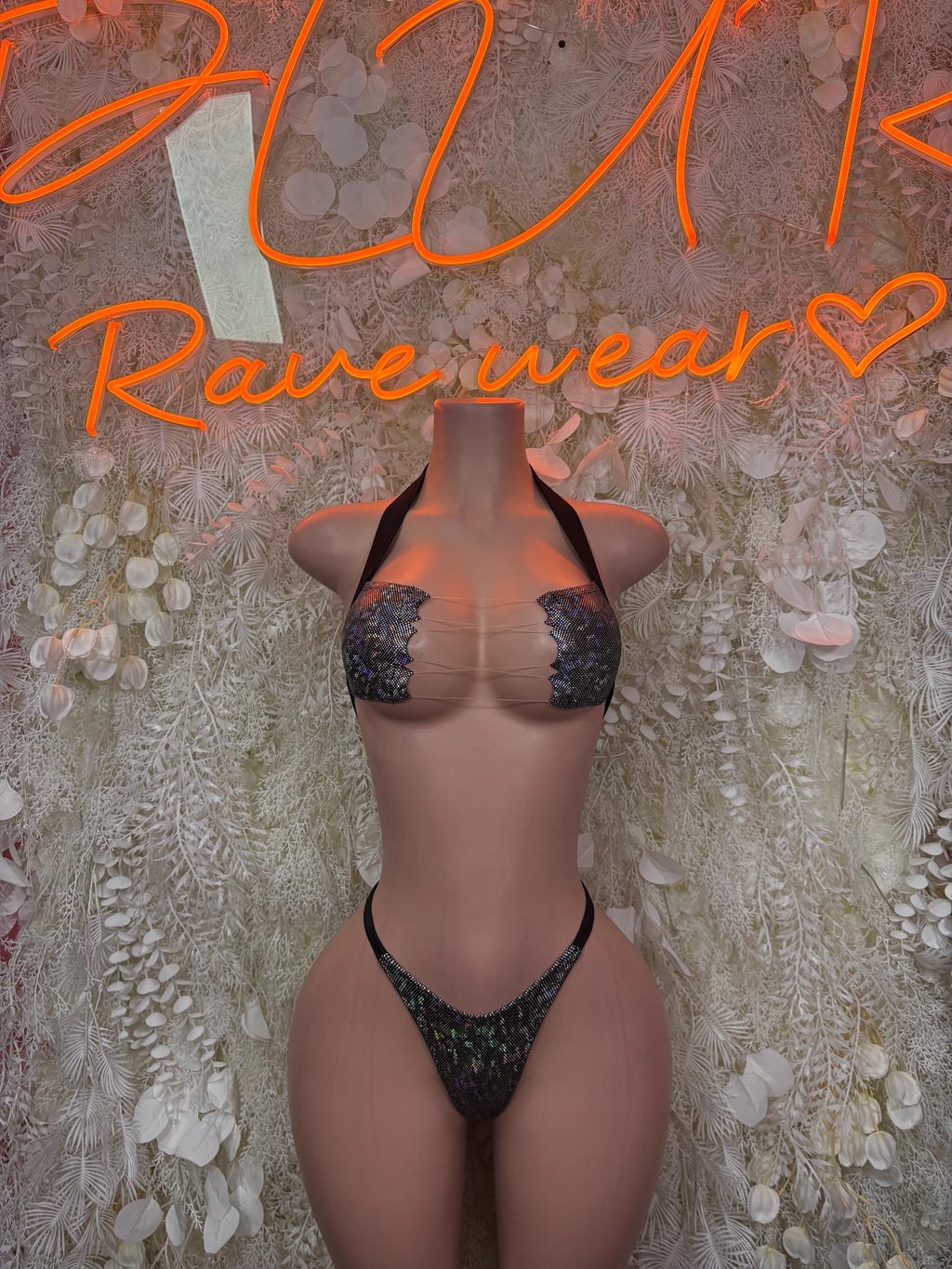 Metallic two-piece rave set: glitter bra top and thong underwear, front view