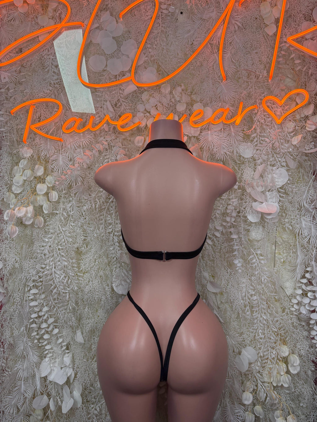 Metallic two-piece rave set: glitter thong with strappy open-back design, rear view