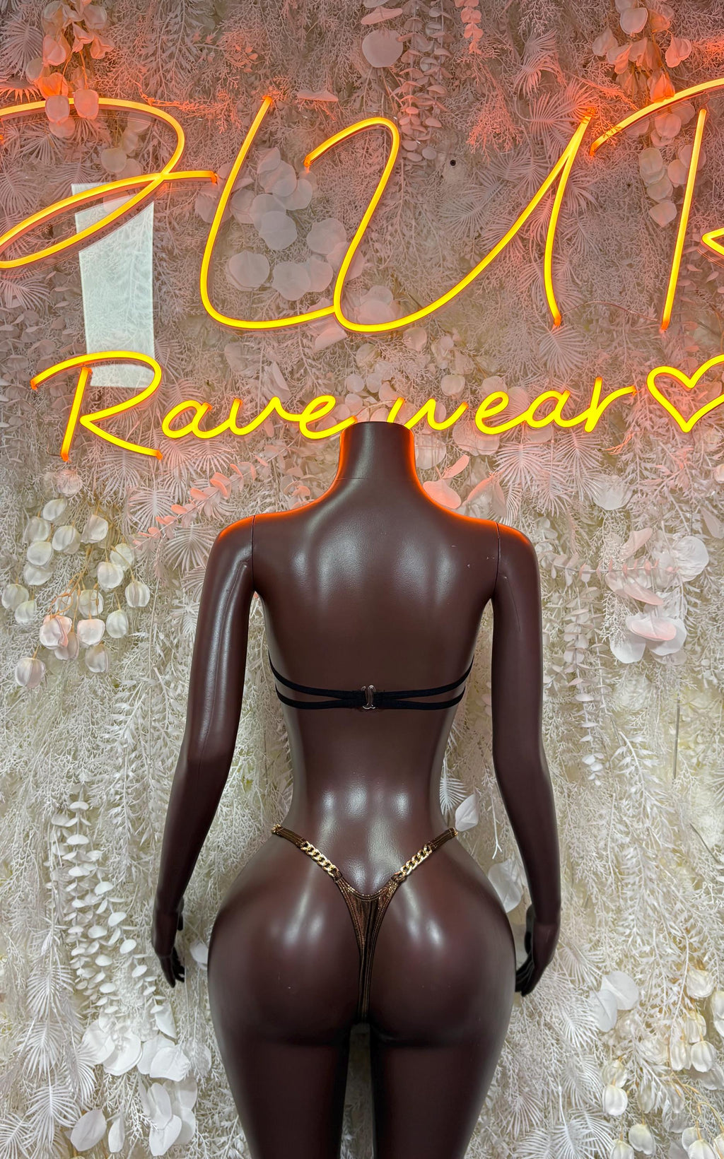 Dark metallic chain bikini with underwire bra and matching thong bottoms, back view.
