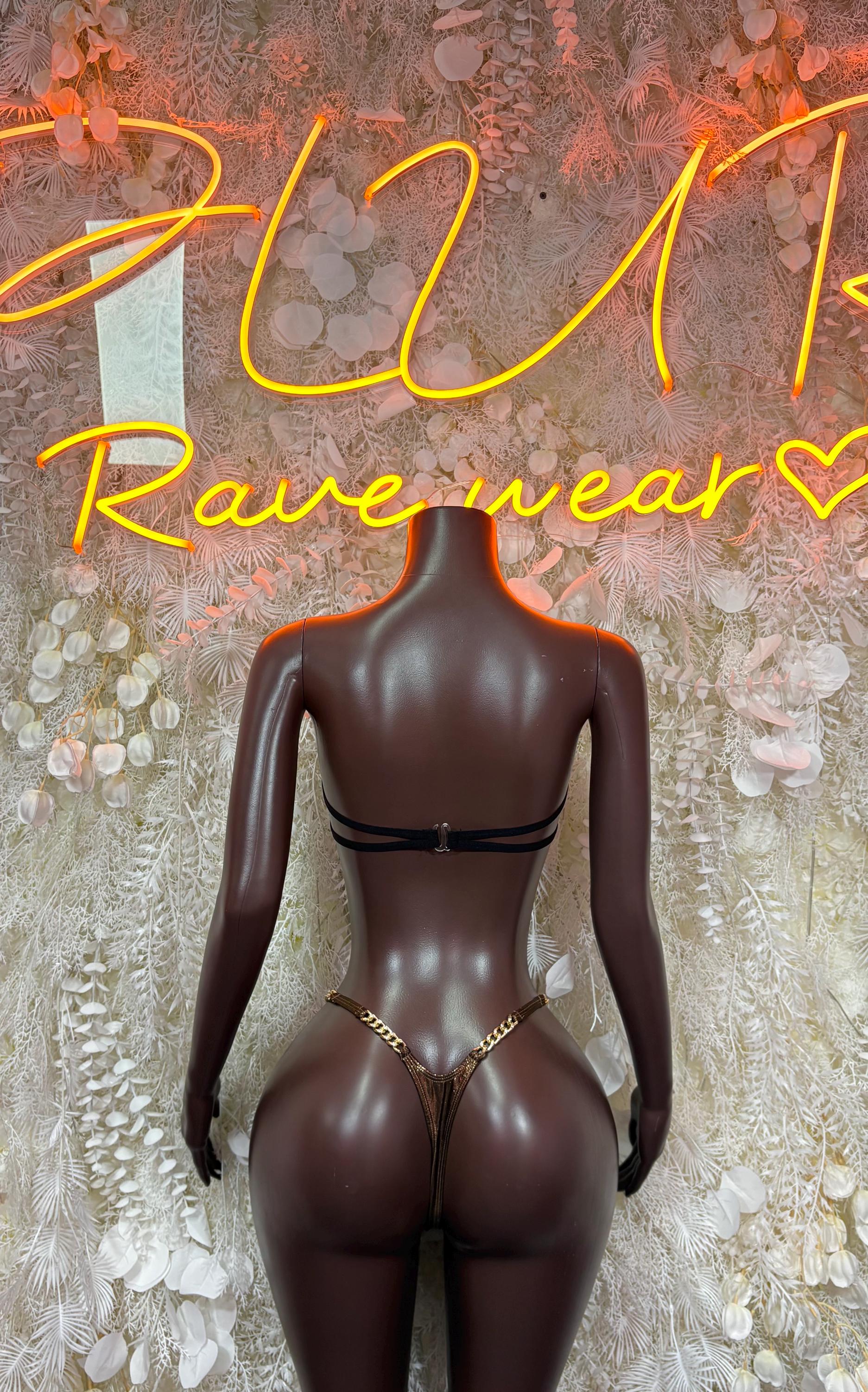Dark metallic chain bikini with underwire bra and matching thong bottoms, back view.