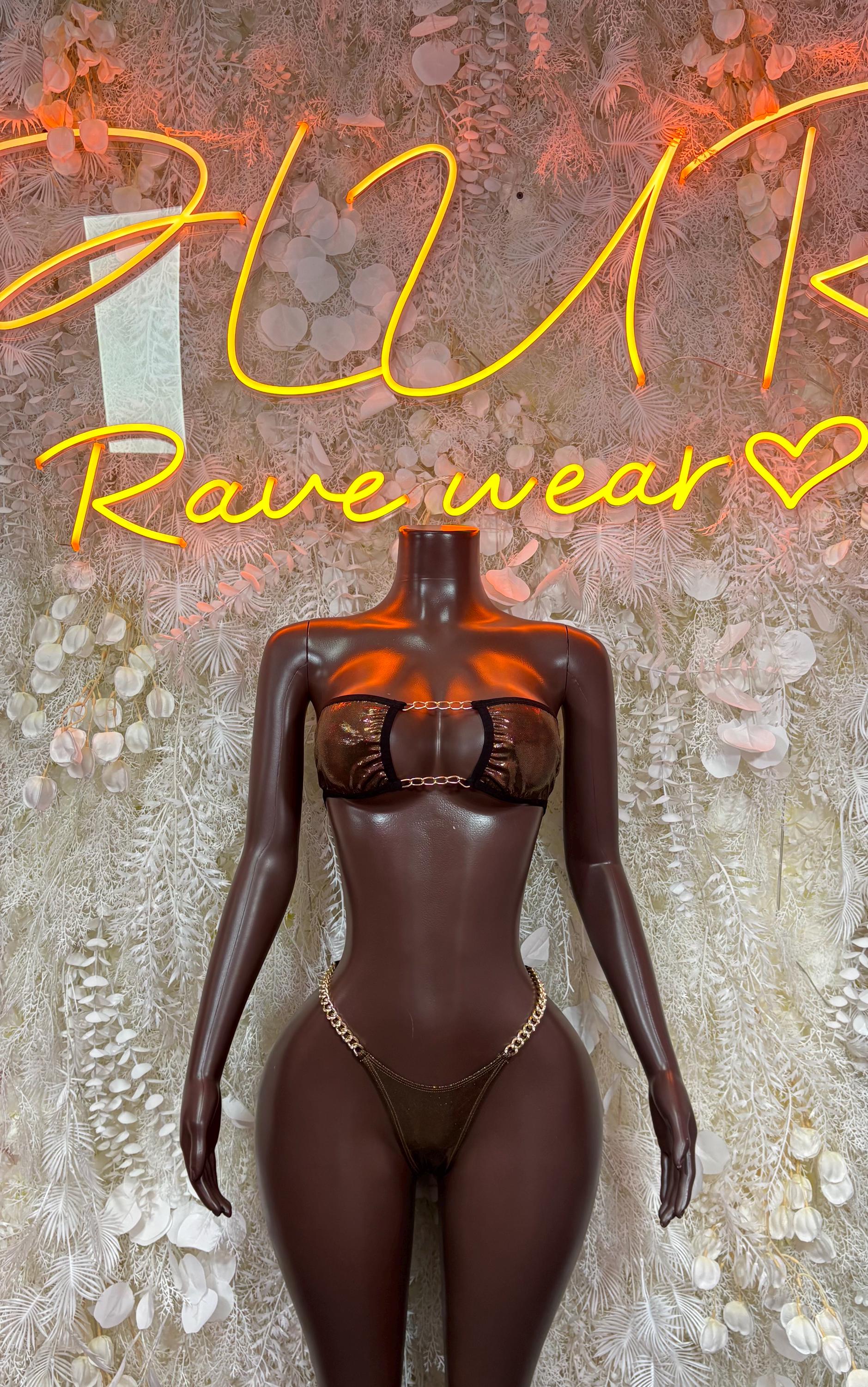 Dark metallic chain bikini with underwire bra and high-leg thong bottoms on mannequin.