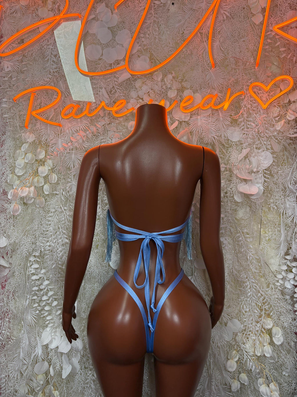 Blue metallic bikini set with back tie and fringe straps costume
