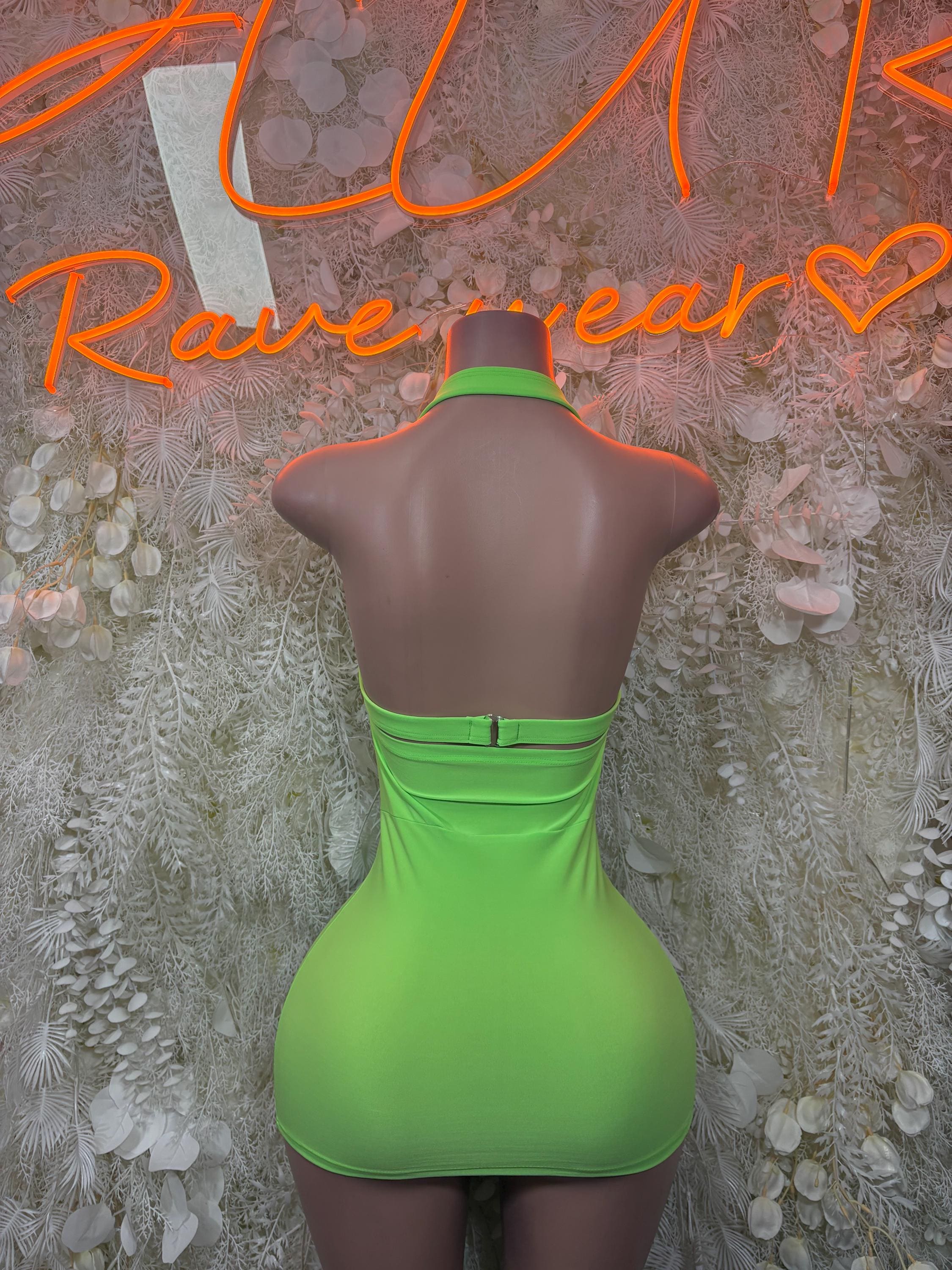 Neon Green Festival Dress - Mini Club Rave Outfit,  Party Bodysuit Dress