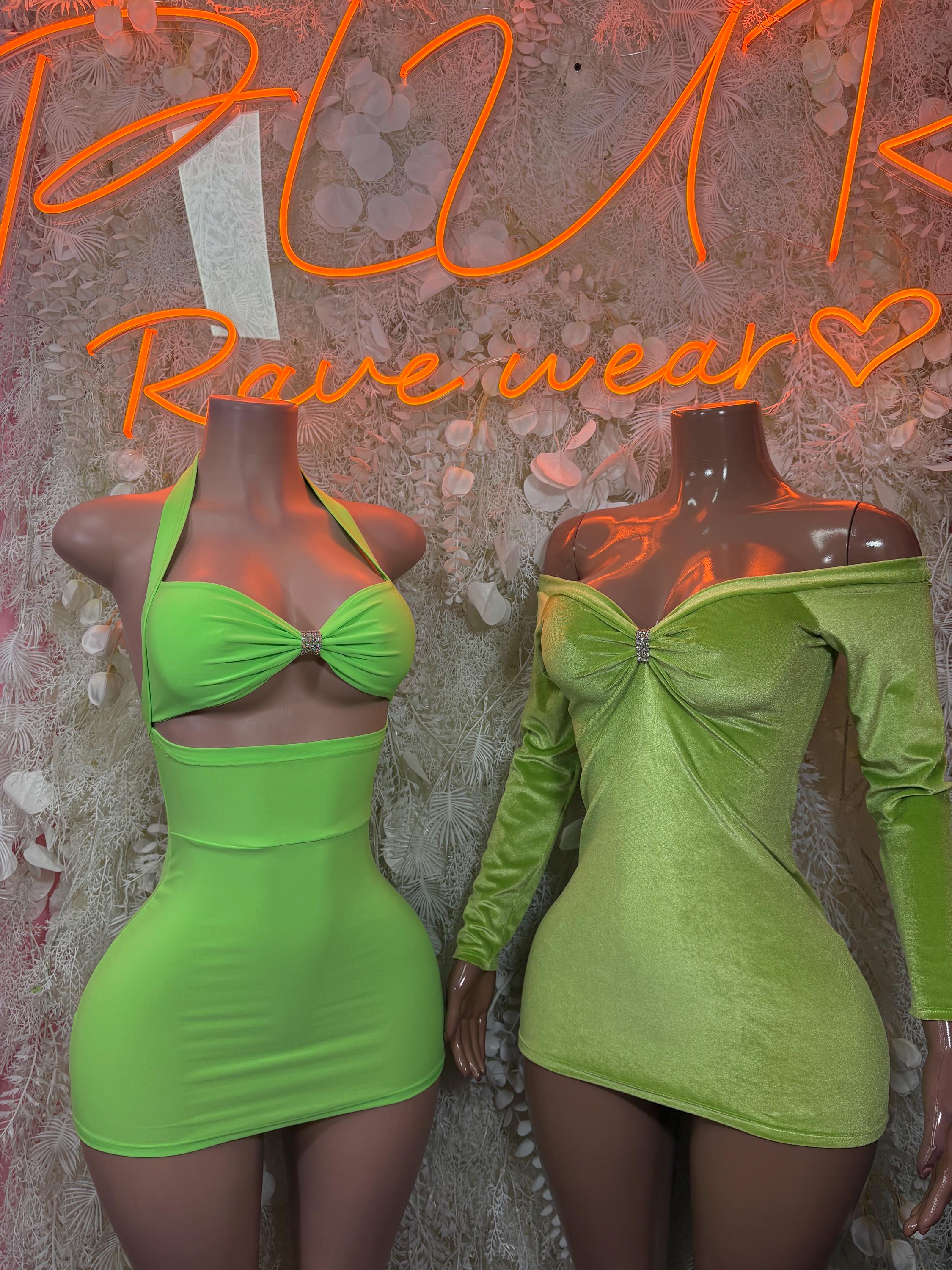 Neon Green Velvet Dress - Mini Club Rave Outfit,  Party Bodysuit Dress