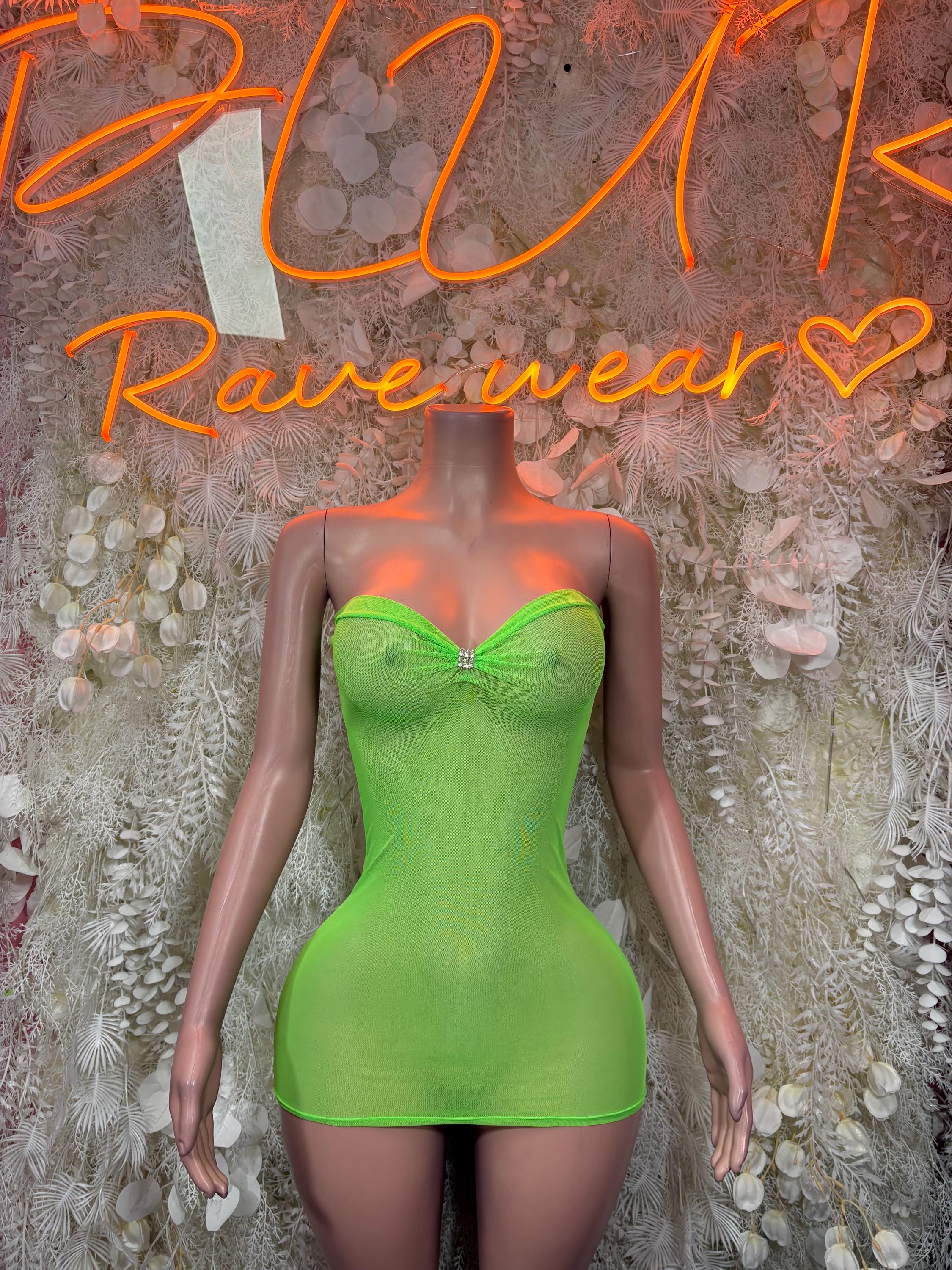 Neon Green Mesh Festival Dress - Mini Club Rave Outfit,  Party Bodysuit Dress