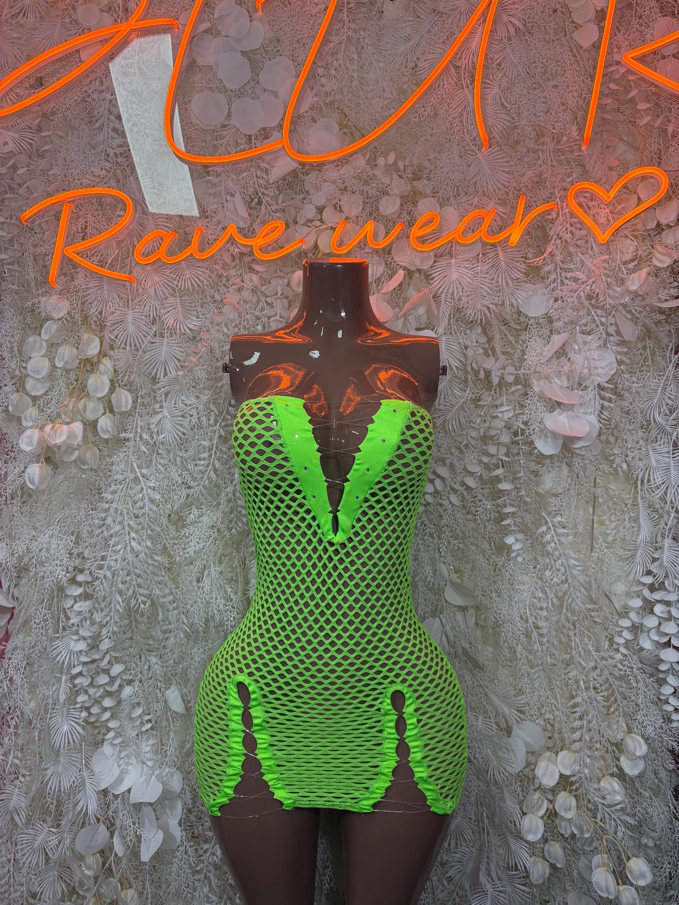 Fishnet Dress Neon - Mini  Club Rave Outfit,  Party Bodysuit Dress Club Outfit