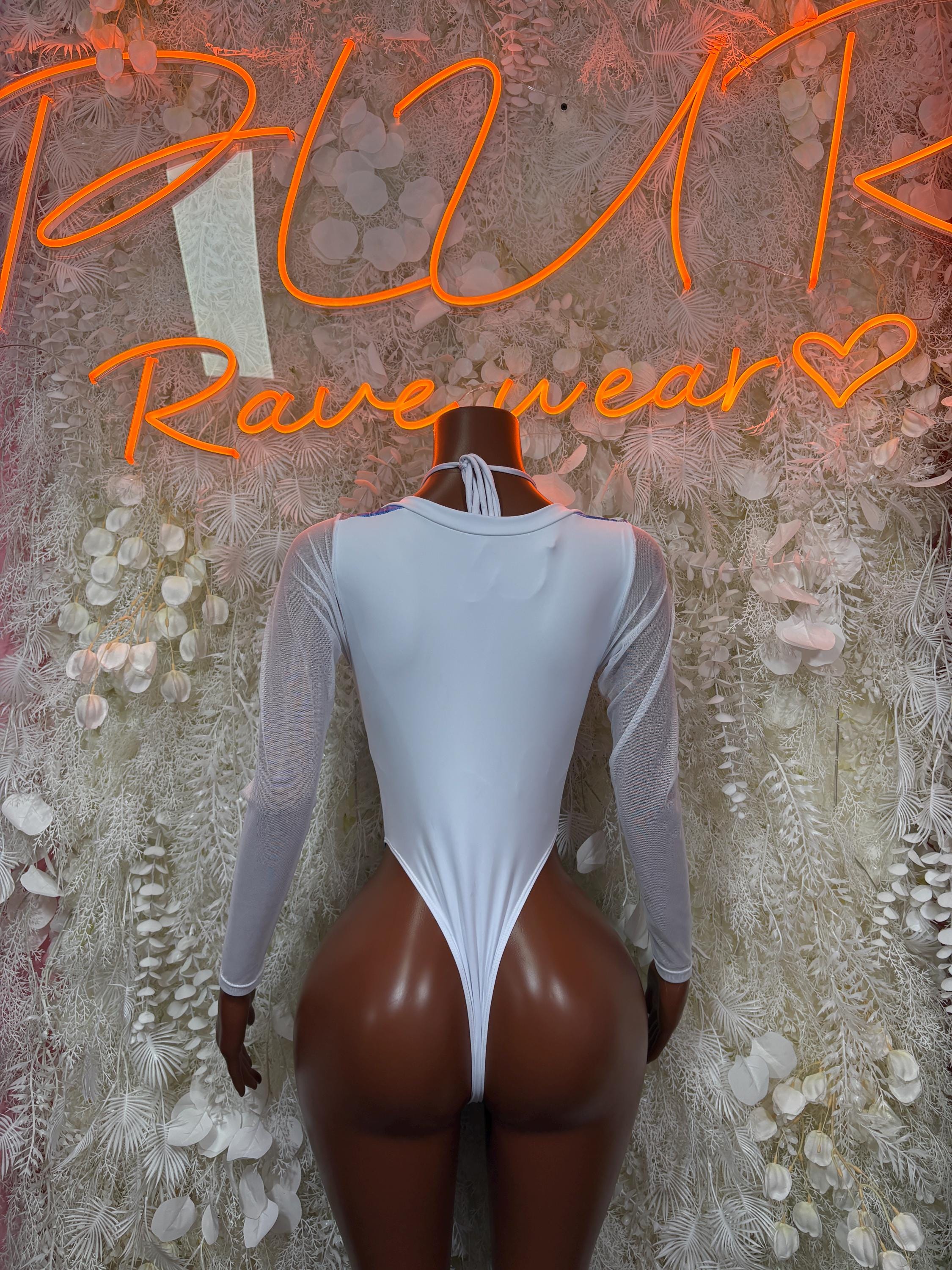 White long-sleeve one-piece bodysuit back view with high back and cutout waist