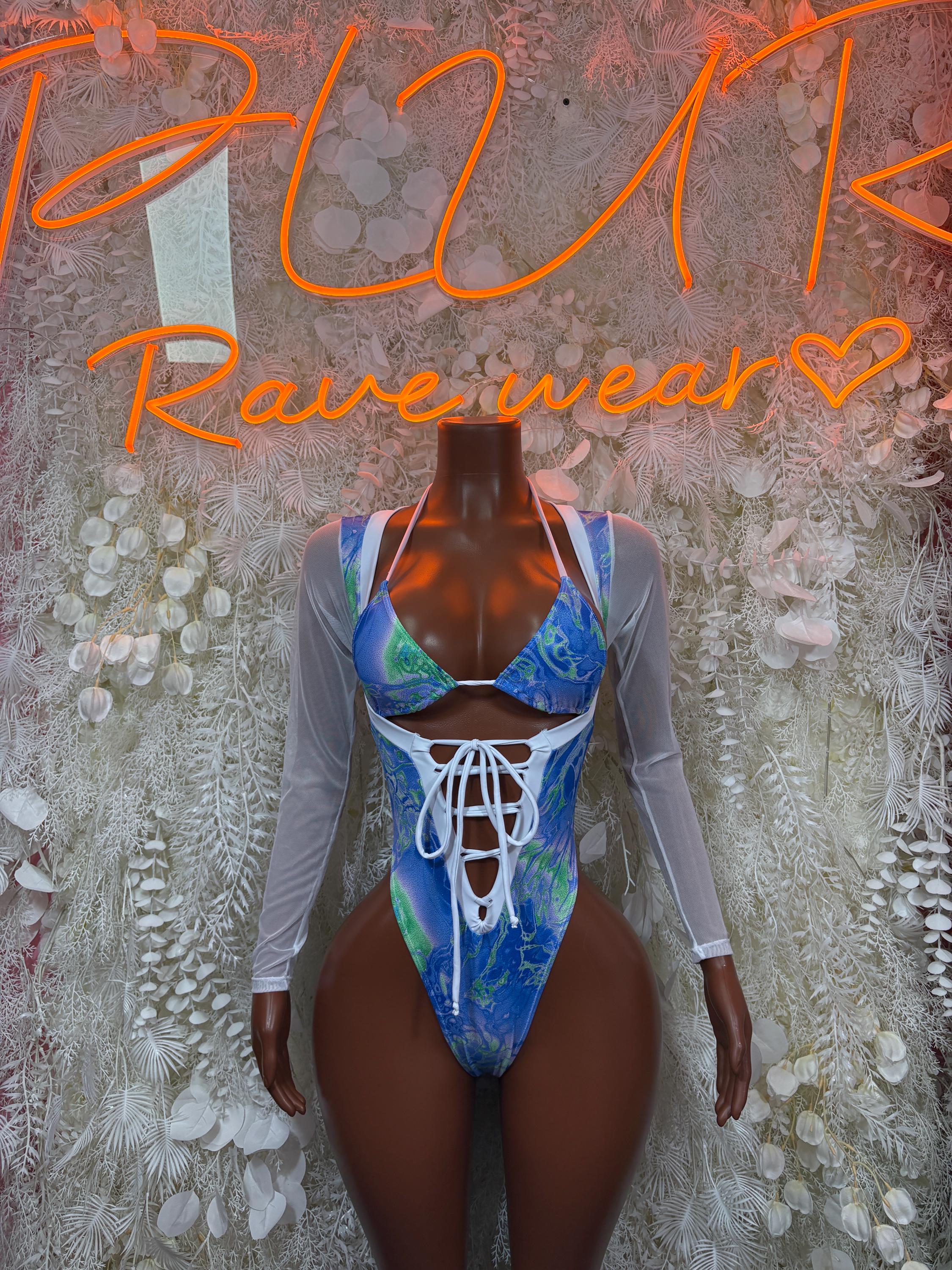 Multicolor hologram one-piece bodysuit with long sleeves and lace-up front V-neck