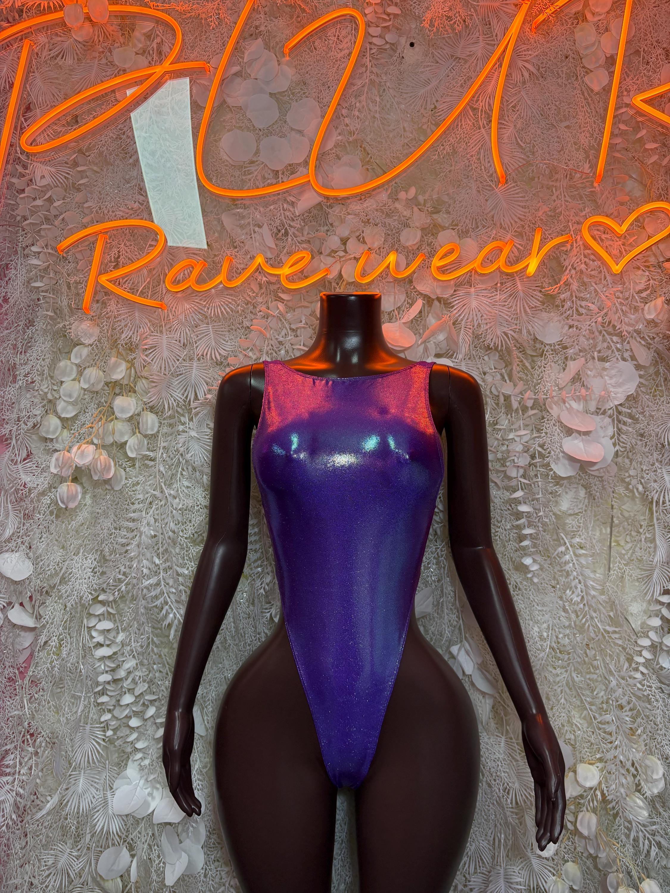 Ravewear One-Piece Bodysuit - Purple Metallic Exotic Dancewear for Performers, Raves, & Festival Clothing