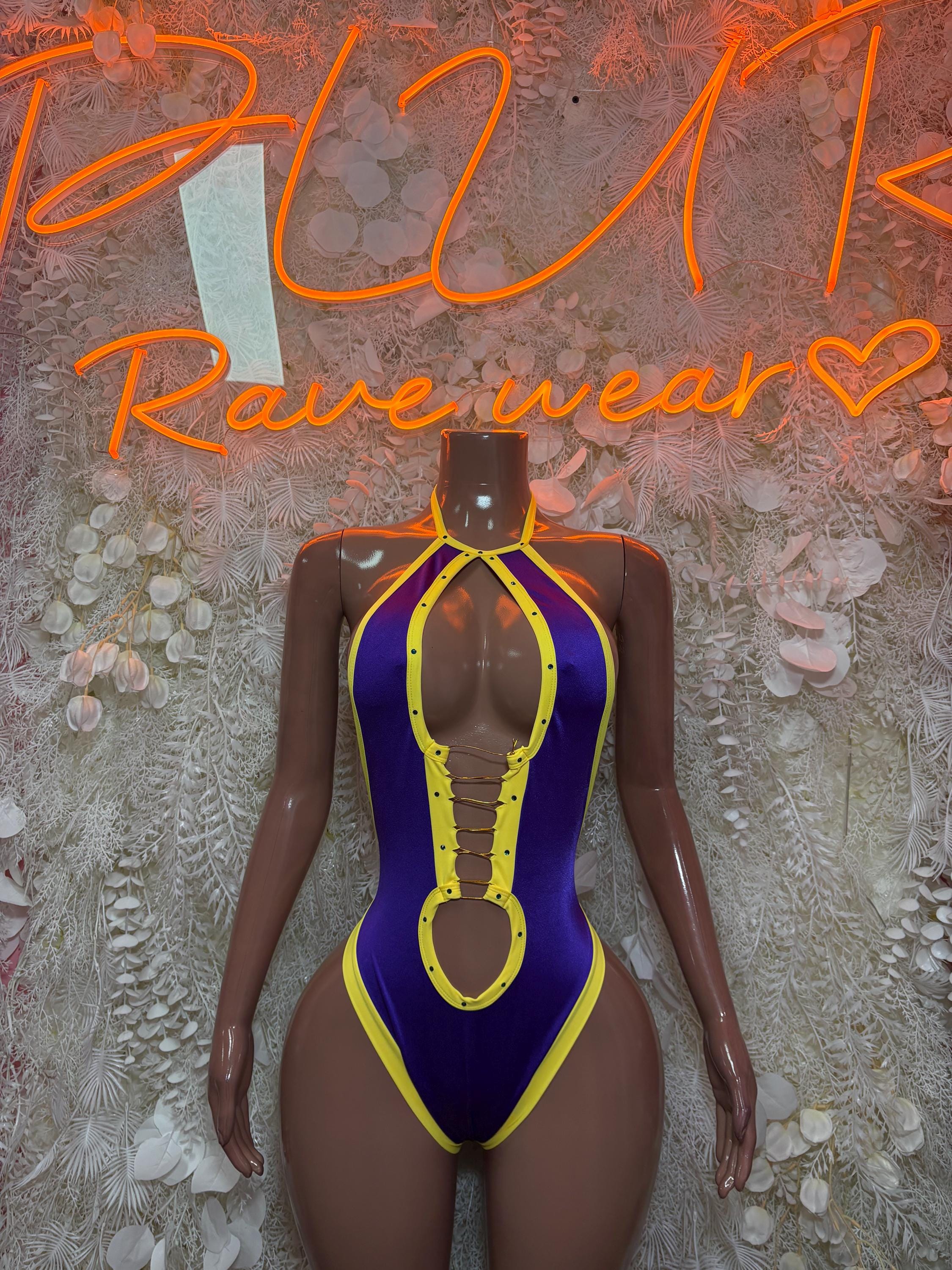 Bottlegirl One-Piece Bodysuit - Purple Gold  Exotic Dancewear for Bartenders, Raves, & Festival Clothing