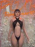 Black halter one-piece bodysuit with open cutout front and strappy back tie