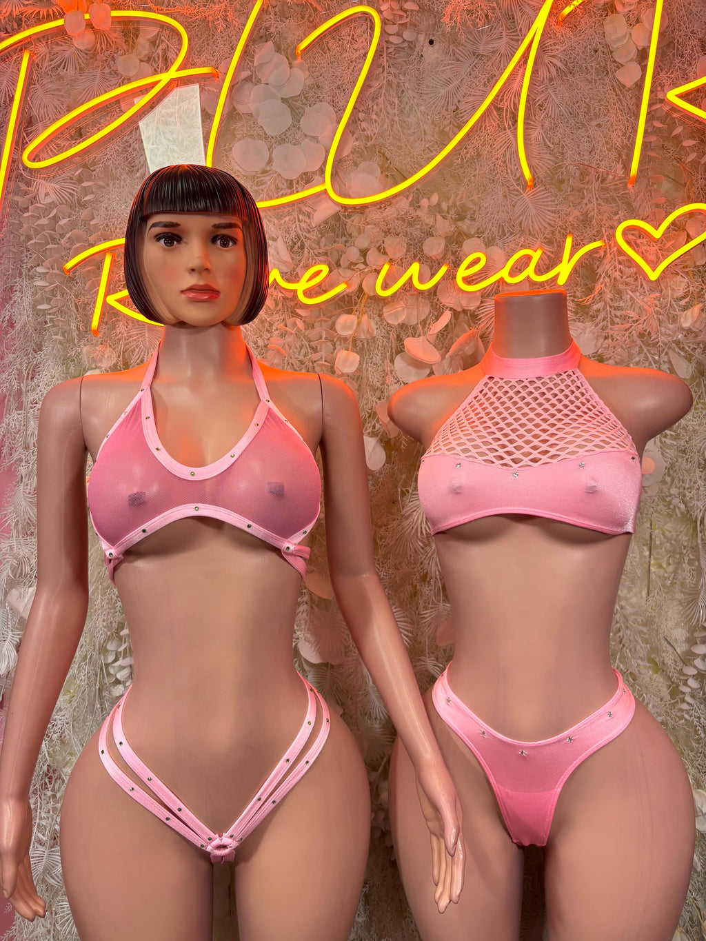 Baby pink rave two-piece set: halter crop top with mesh panel and matching high-cut bottoms