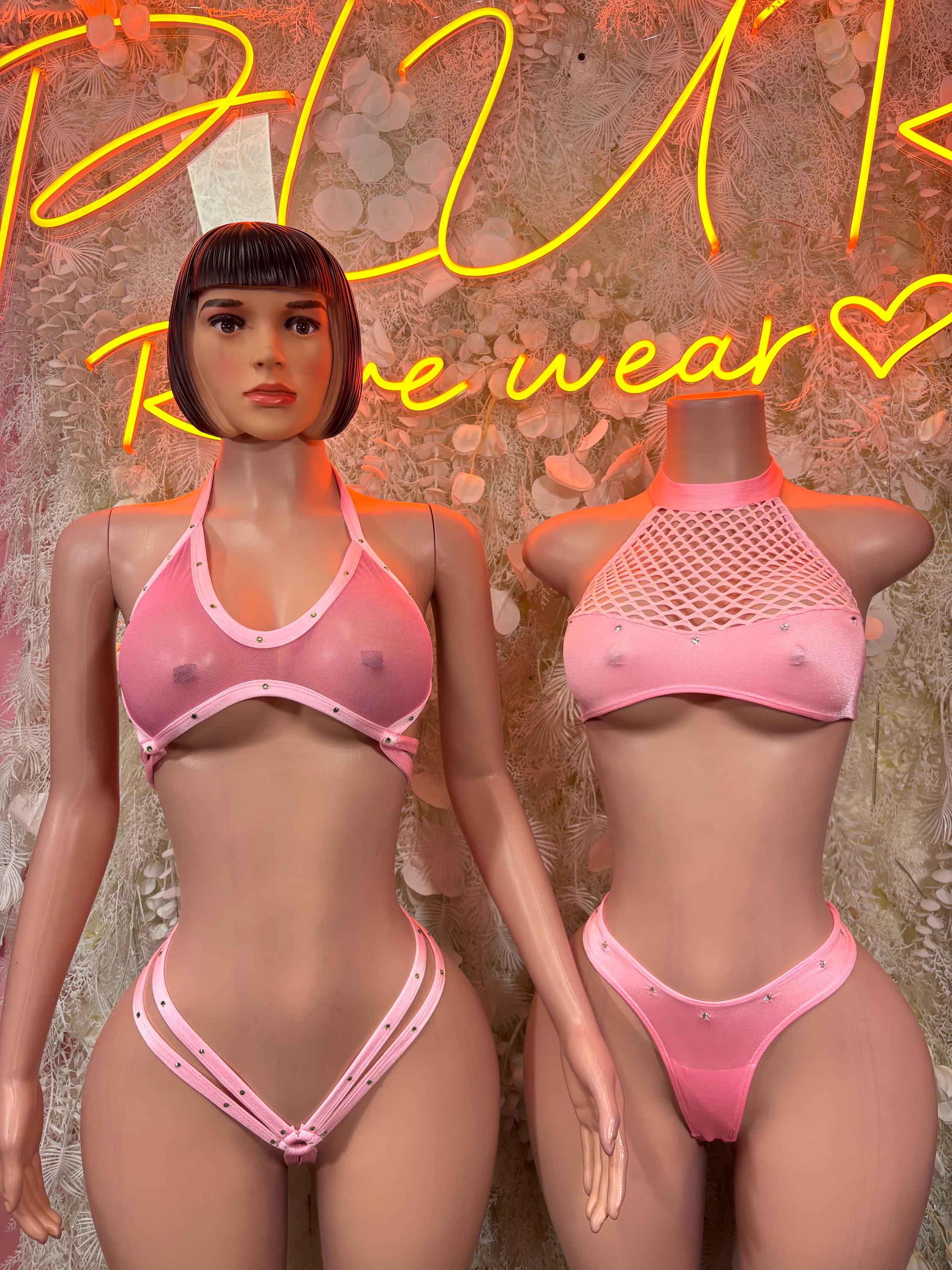 Baby pink rave two-piece set: halter crop top with mesh panel and matching high-cut bottoms