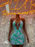 Green Floral Print  Dress  One Piece  – Exotic Dancewear  & Rave Wear Festival Dress Club Outfit