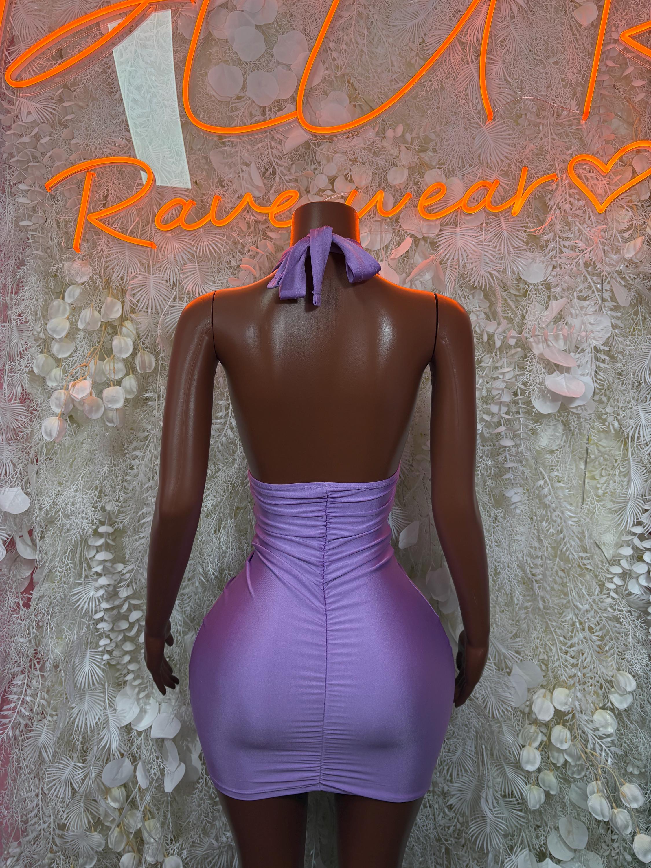 Lilac mini dress with halter tie and ruched back bodice