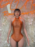 Orange halter one-piece bodysuit with ribbed front cutouts and cheeky bottoms