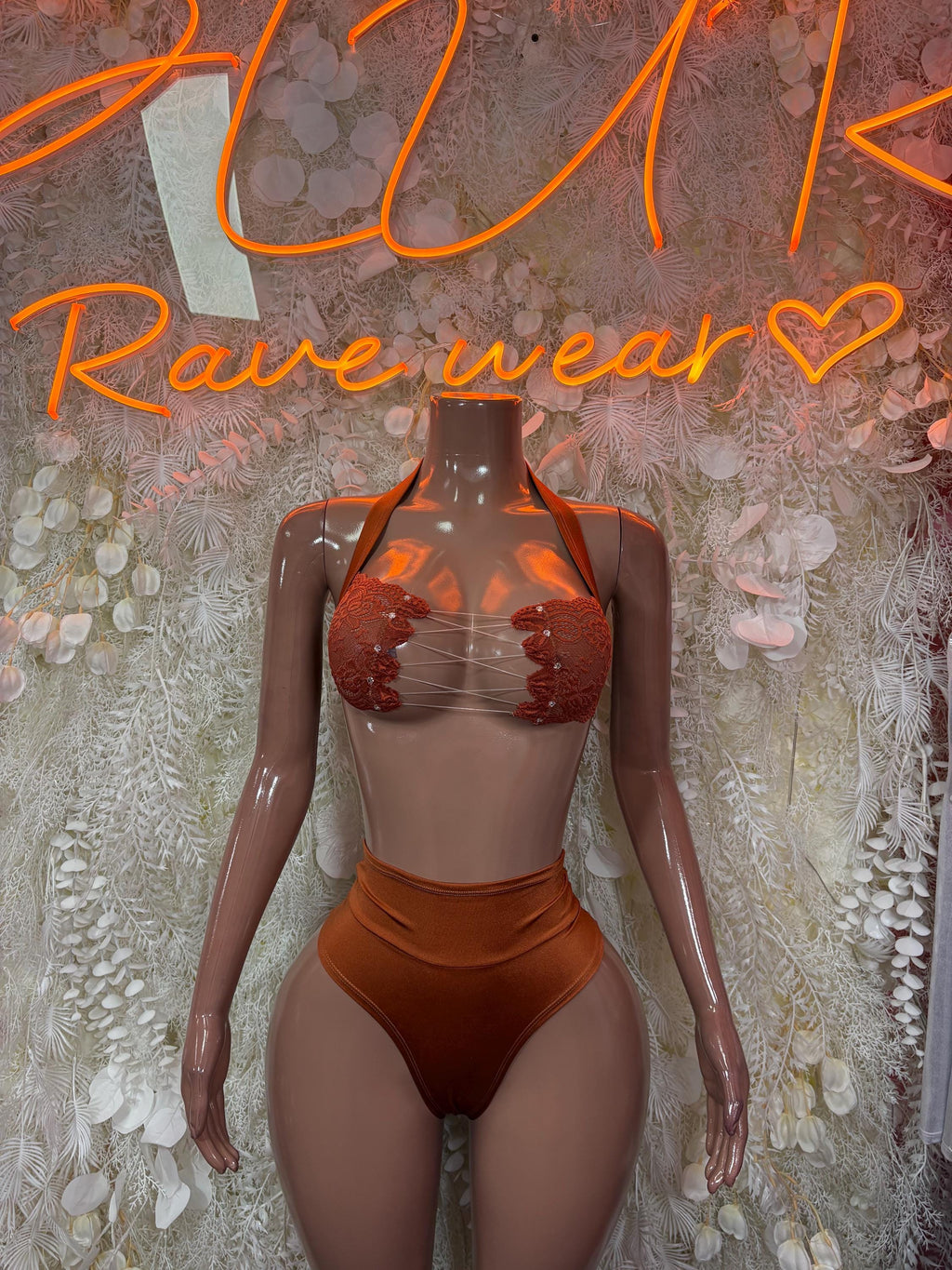 Orange two-piece dance outfit with glitter bra top and high-rise bikini bottoms