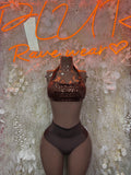 Brown sequin rave bra top and high-waist sheer underwear set on mannequin