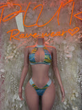 Multicolor rave two-piece swimsuit: triangle halter top and cheeky bottom