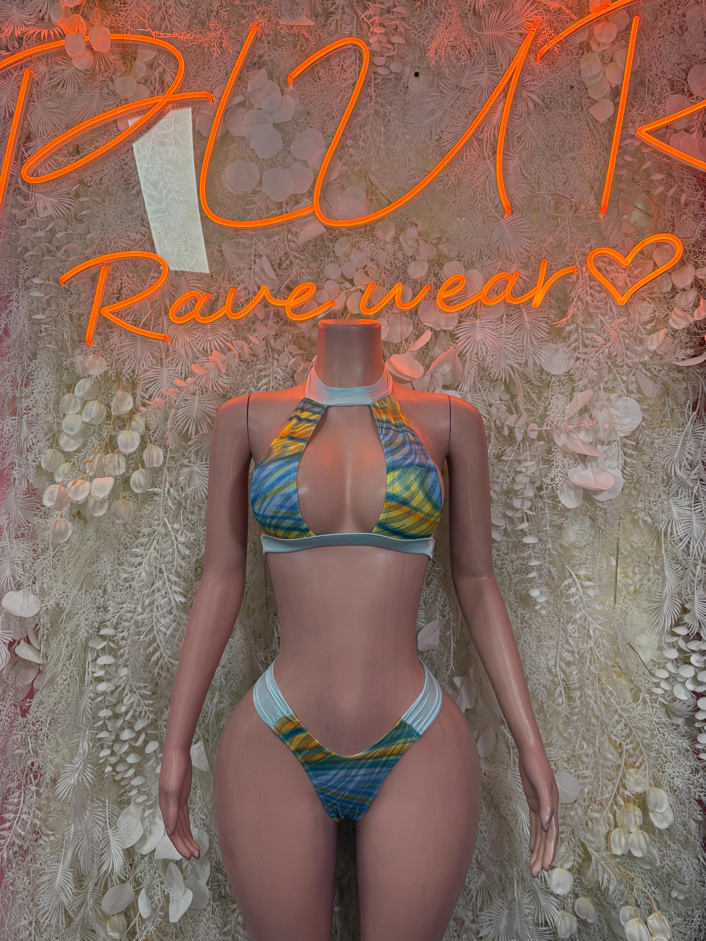Multicolor rave two-piece swimsuit: triangle halter top and cheeky bottom