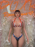 Two-piece bikini with red, white, blue striped triangle top and star low-rise bottoms