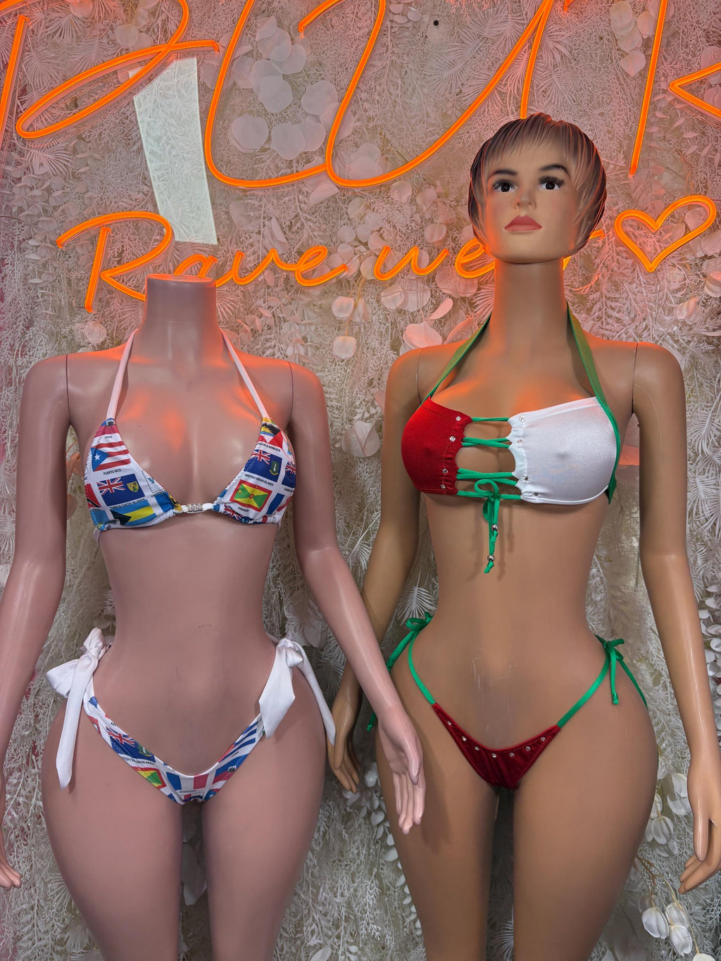 Mexican flag style bikini set with red, white, green trim and blue print accents